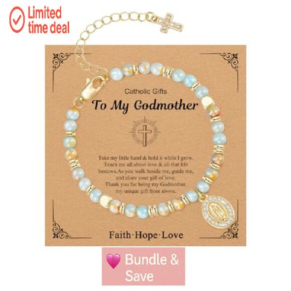 14K Gold Plated Virgin Mary Cross Bracelet Adjustable Dainty Beaded - Picture 2 of 8